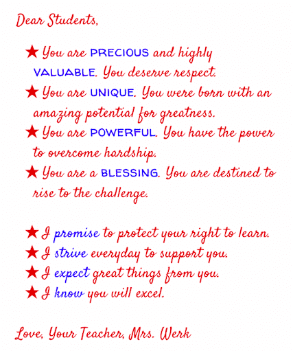 Inspirational message from teacher to students.