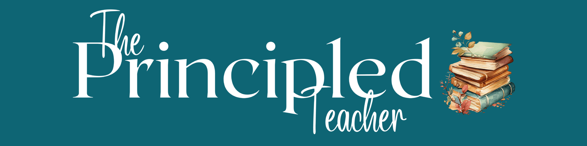 The Principled Teacher logo with books illustration.