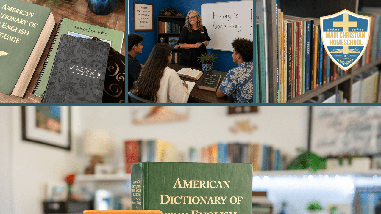 Homeschool classroom with teacher, students, and books